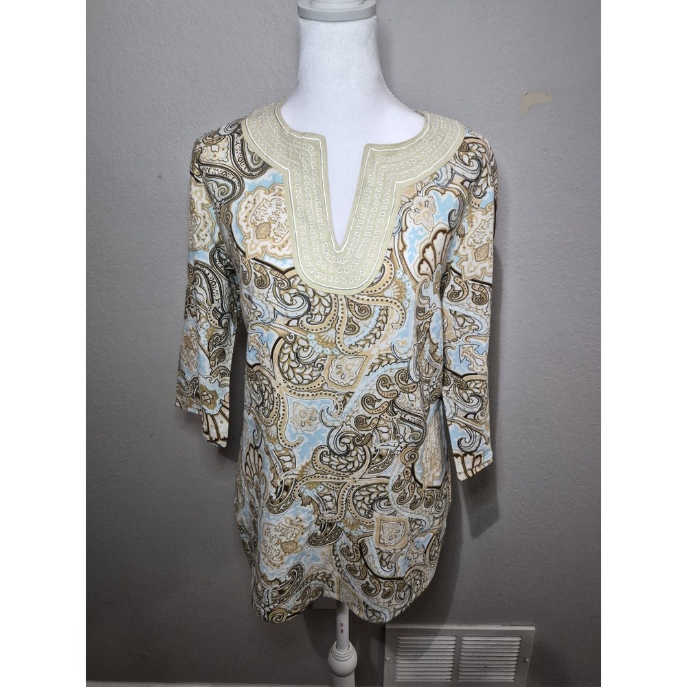 David Brooks‎ Paisley Sz S Linen Blend Top Artsy Boho Retro Coastal Feminine
